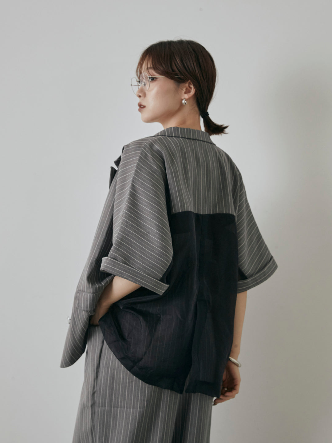 [予約]ヘリンボーンストライプサロペット/チャコール