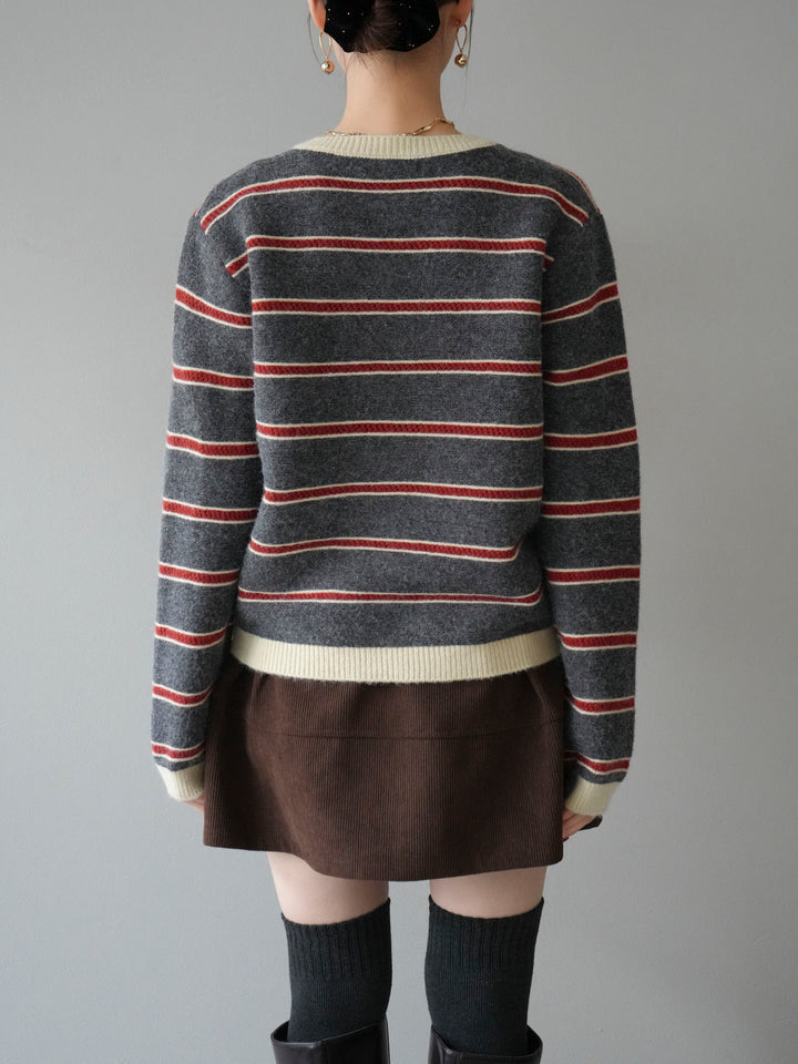 [予約]配色ボーダーニットカーディガン/gray