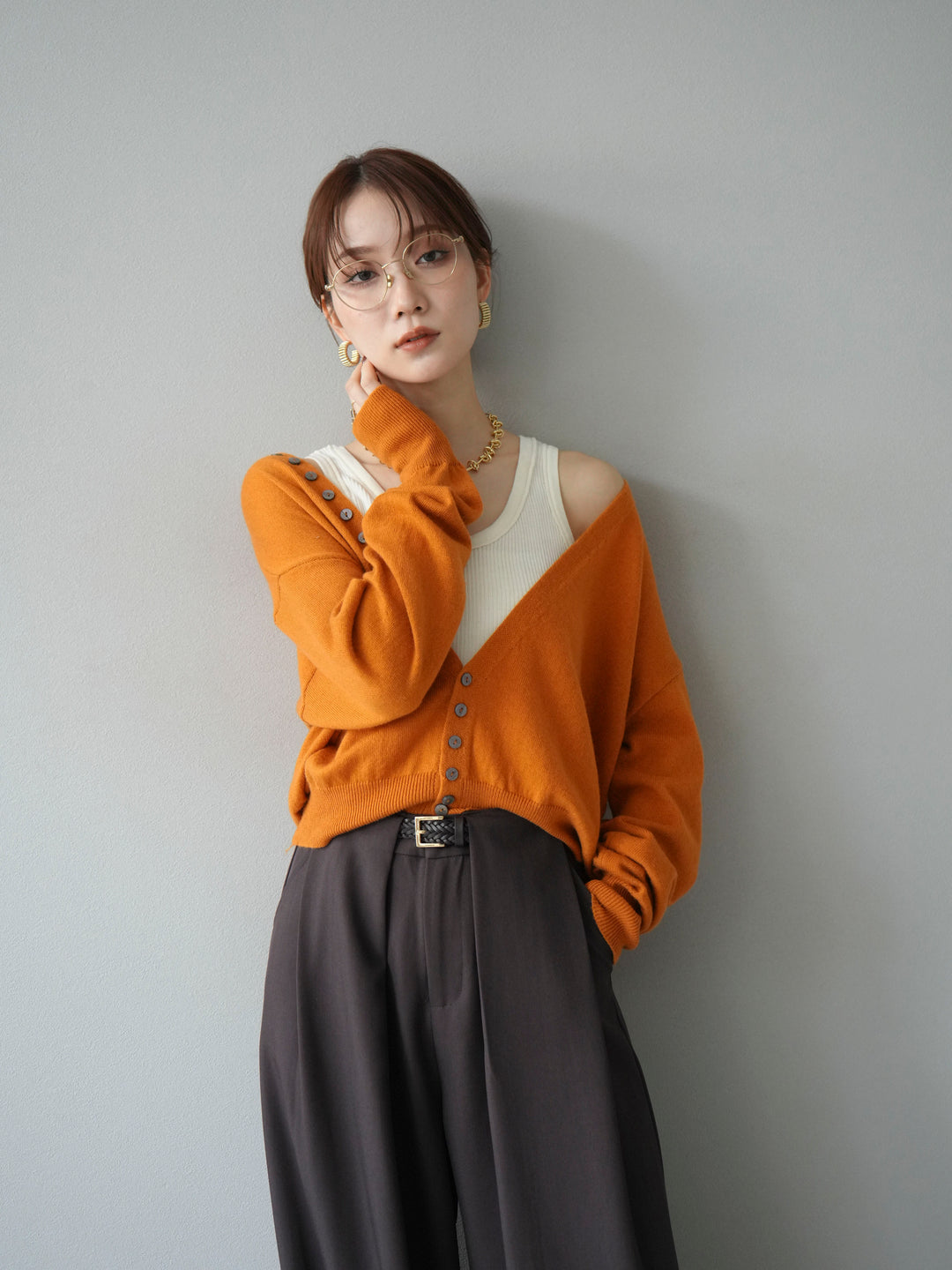 [SET]デザインボタンニットカーディガン＆タンクトップSET+ベルトループデザインワイドパンツ(2set)