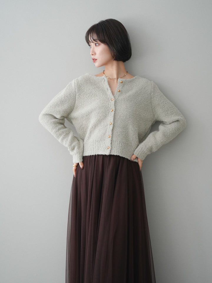 [SET]ゴールドボタンブークレニットカーディガン+チュールボリュームスカート(2set)