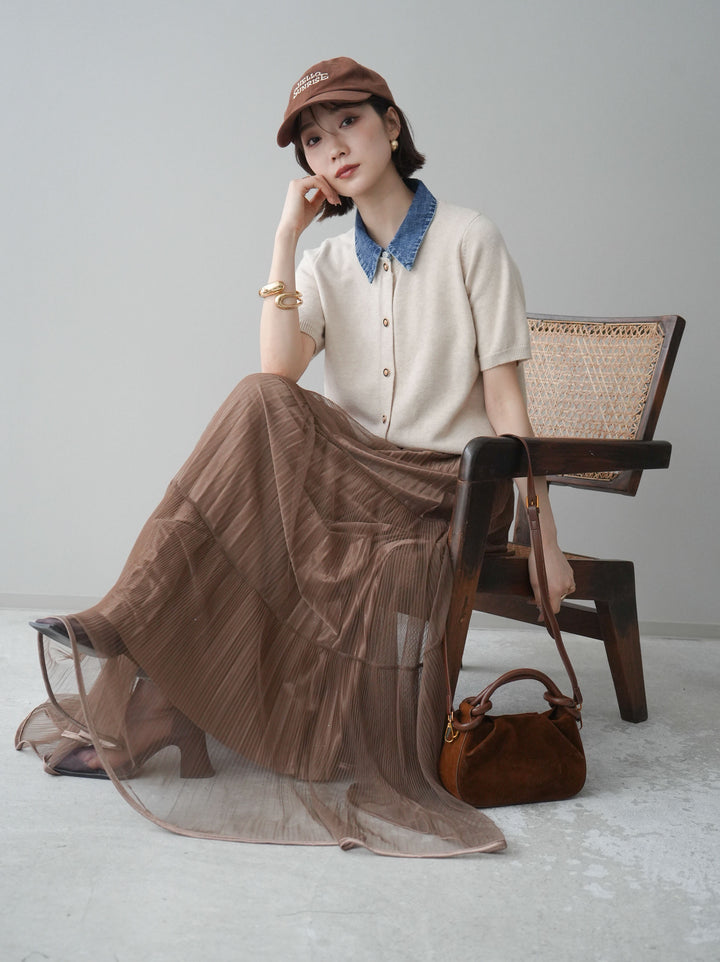 [予約]デニム襟ボタンハーフスリーブニットプルオーバー/beige