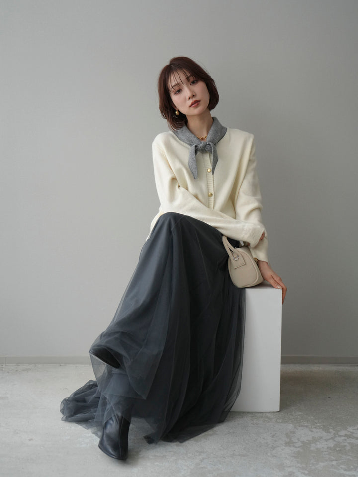 [SET]デザイン襟ニットカーディガン+チュールボリュームスカート(2set)