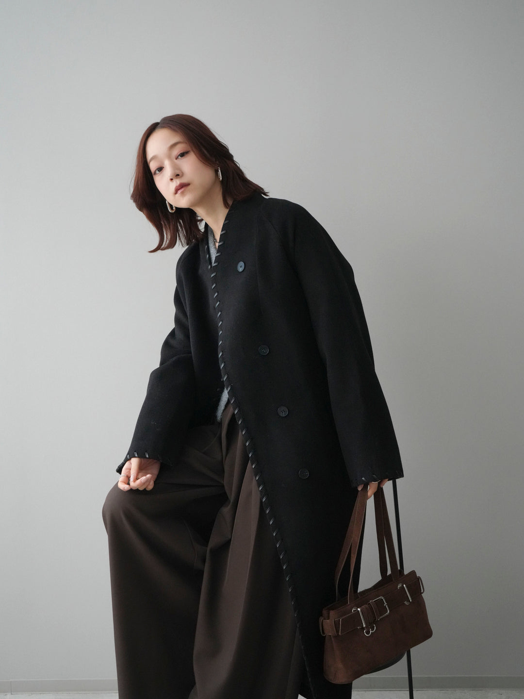 [SET]ハンドステッチ裏中綿ロングコート+モヘア衿付きボタンプルオーバー(2set)