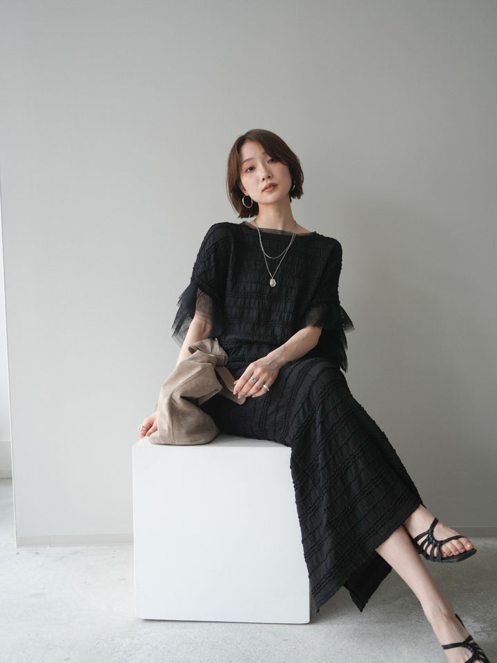 [SET]チュール袖リップルトップス+リップルIラインスカート(2set)