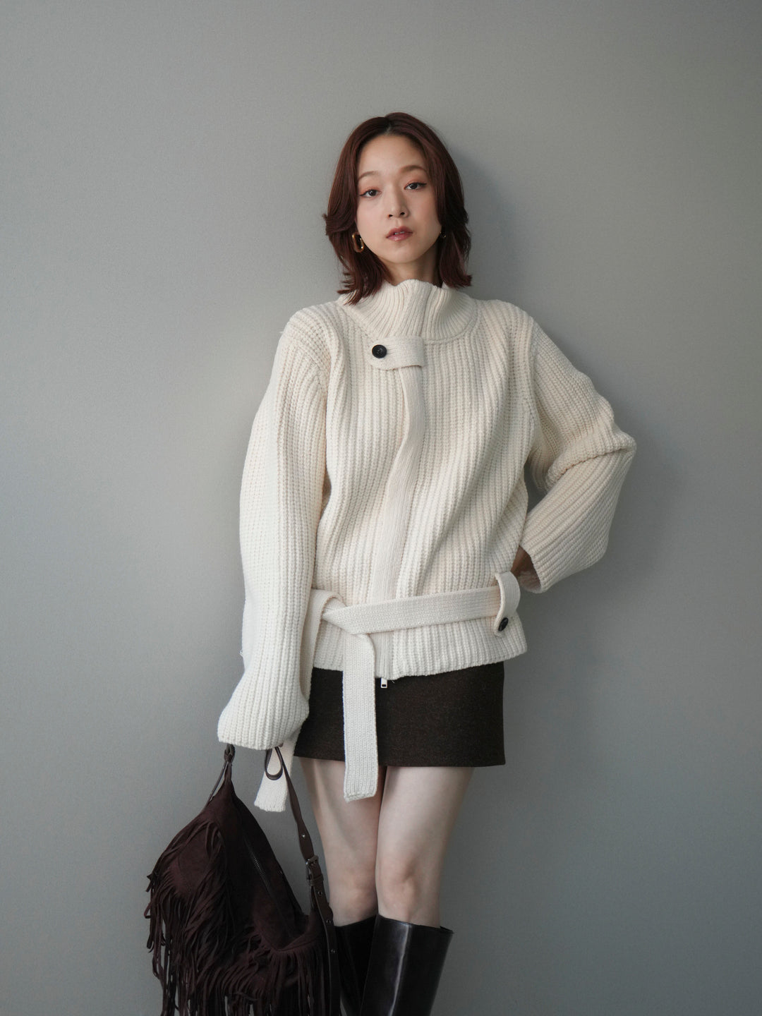[予約]畦編みボトルネックZIPニットカーディガン/white
