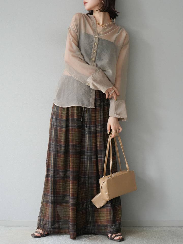 [SET] 亮面透視立領襯衫 + 透視格紋寬鬆褲 (2 件套)