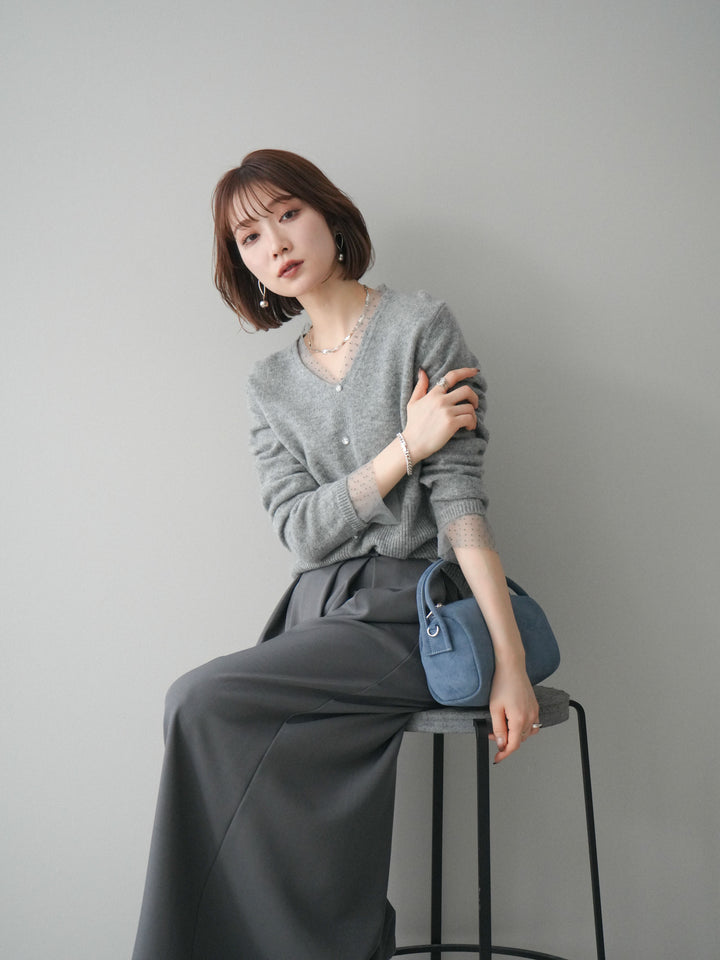 [SET]ドットチュールレイヤードボタンニットトップス+選べるアクセセット(2set)