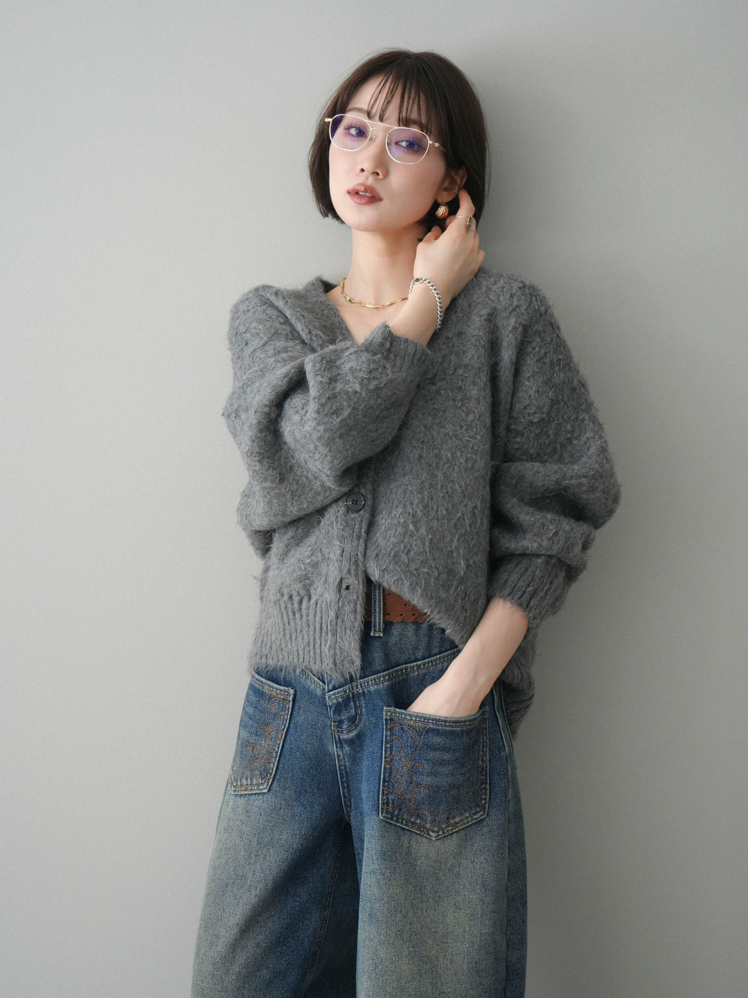 [予約]起毛シャギーニットカーディガン/gray