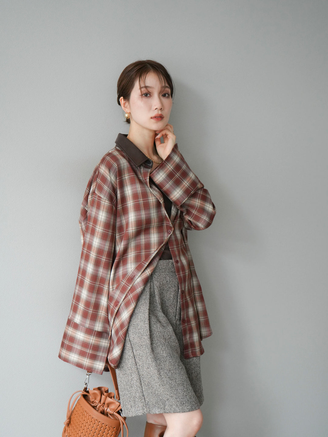 【着回しセット】[SET]レザー襟オンブレチェックオーバーシャツ +クラッシュベロアナロースカート+ツイードハーフパンツ(3set)