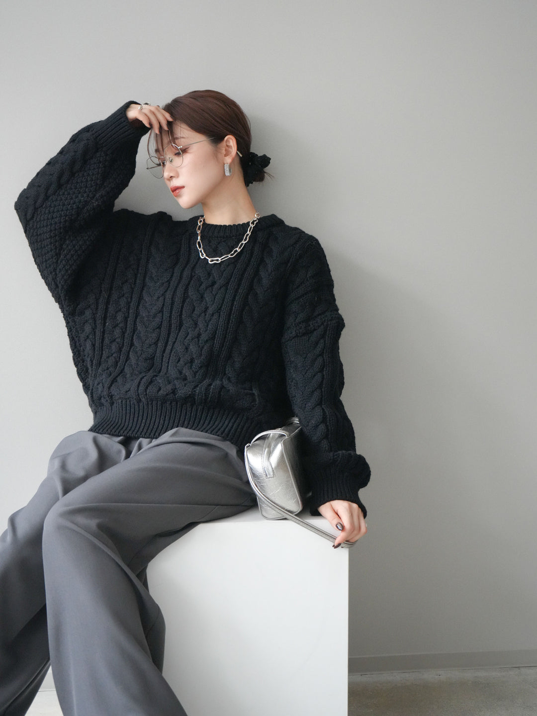 [SET]ボリュームケーブルニットプルオーバー+ベルトループデザインワイドパンツ(2set)