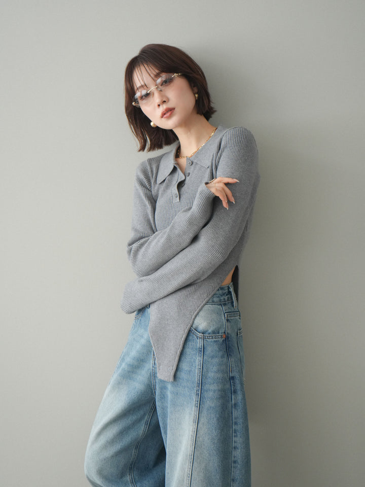 [予約]リブポロニットボディスーツ/mokugray