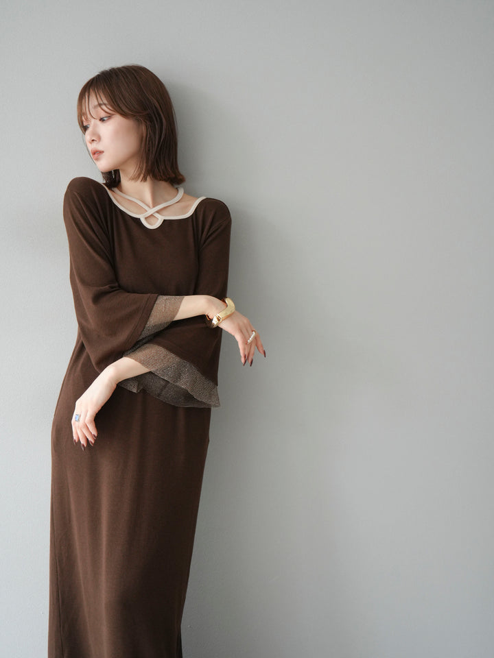 [予約]デザインネックラメシアー切替ニットワンピース/ブラウン
