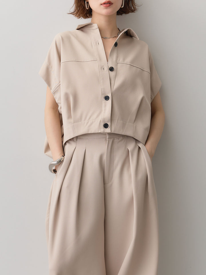 【套裝】縐綢燈籠無袖襯衫 + 縐綢闊腿褲（兩件套）