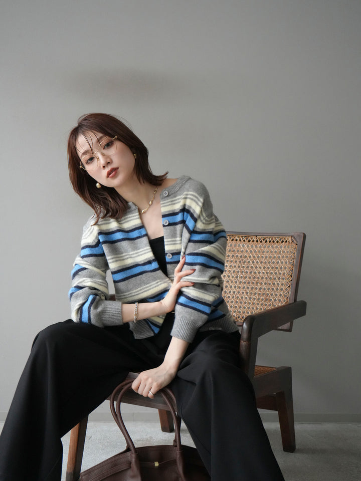 [SET]マルチボーダーニットカーディガン+ベルトループデザインワイドパンツ(2set)