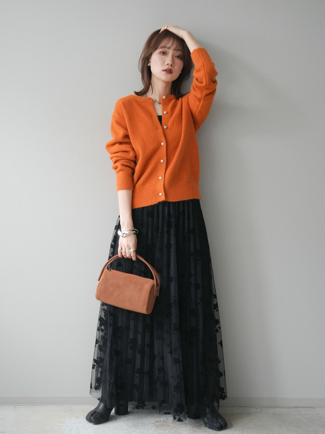 [SET]アンティークボタンニットカーディガン+フラワーフロッキーチュールプリーツスカート(2set)