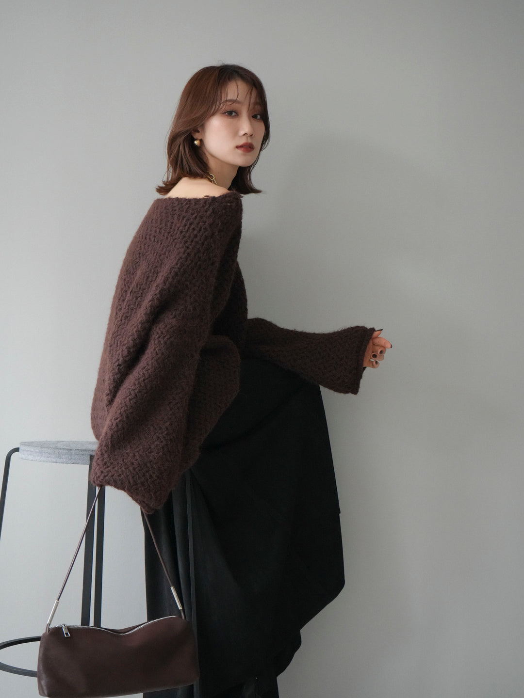 [予約]ワッフル編みオーバーニットプルオーバー/brown