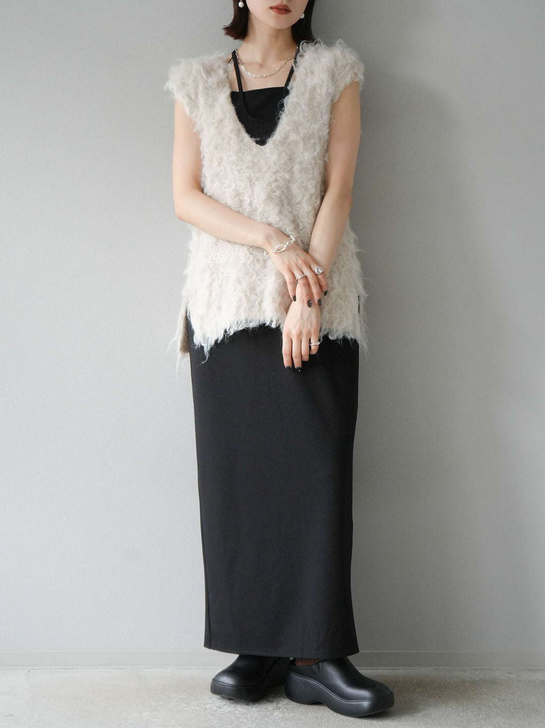 [予約]ウール混ミックスヤーンニットベスト/アイボリー