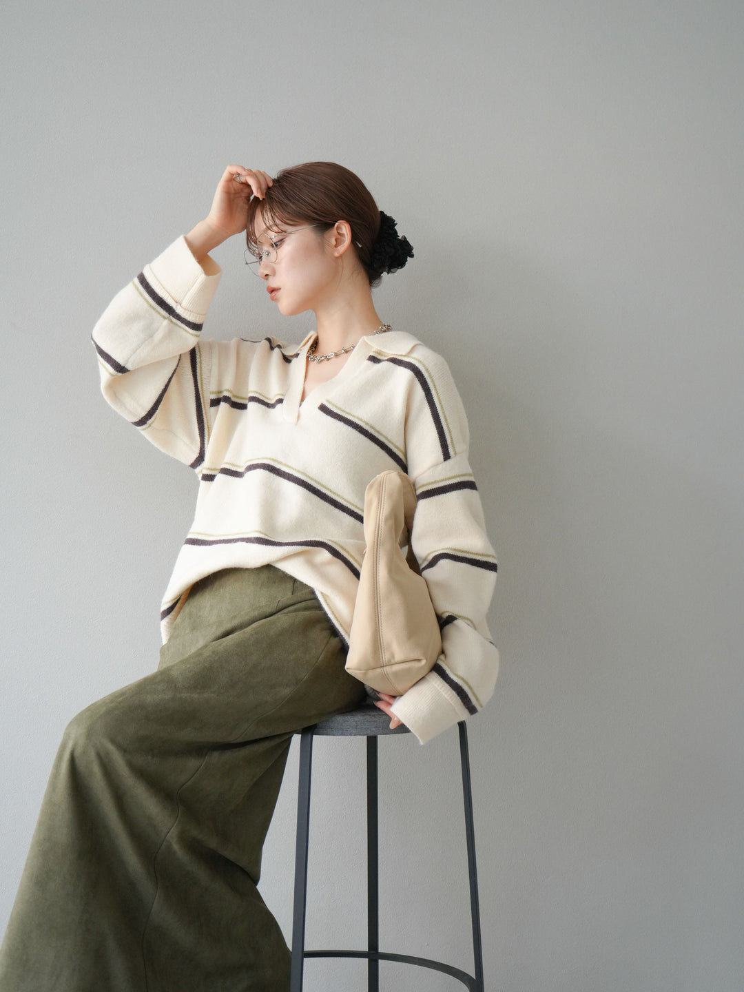 [SET]ポロ襟スキッパーボーダーニットプルオーバー+スウェードIラインスカート(2set)