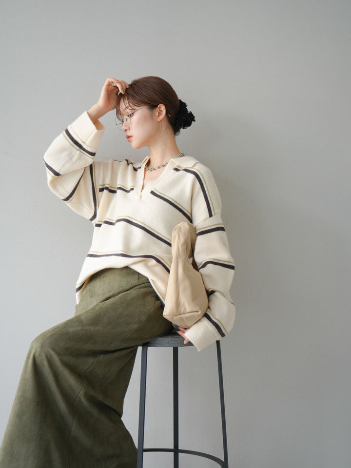 [SET]ポロ襟スキッパーボーダーニットプルオーバー+スウェードIラインスカート(2set)