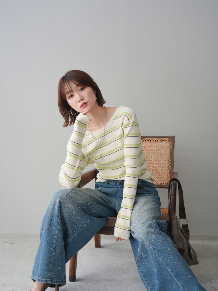 [予約]バックオープンテレコリブマルチボーダートップス/ivory