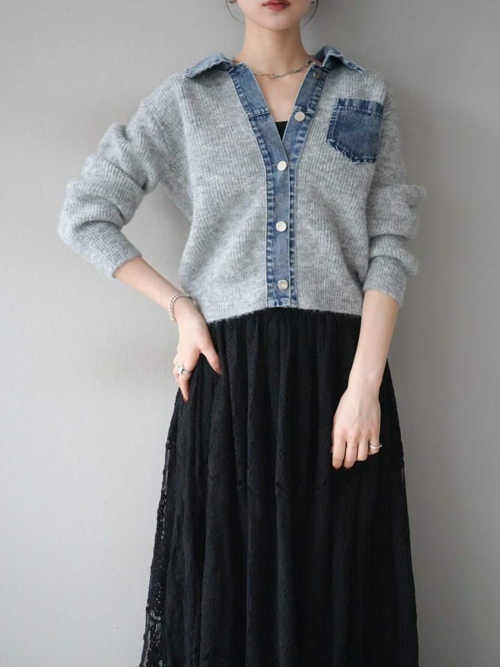 [予約]デニム襟ポケットニットカーディガン/gray
