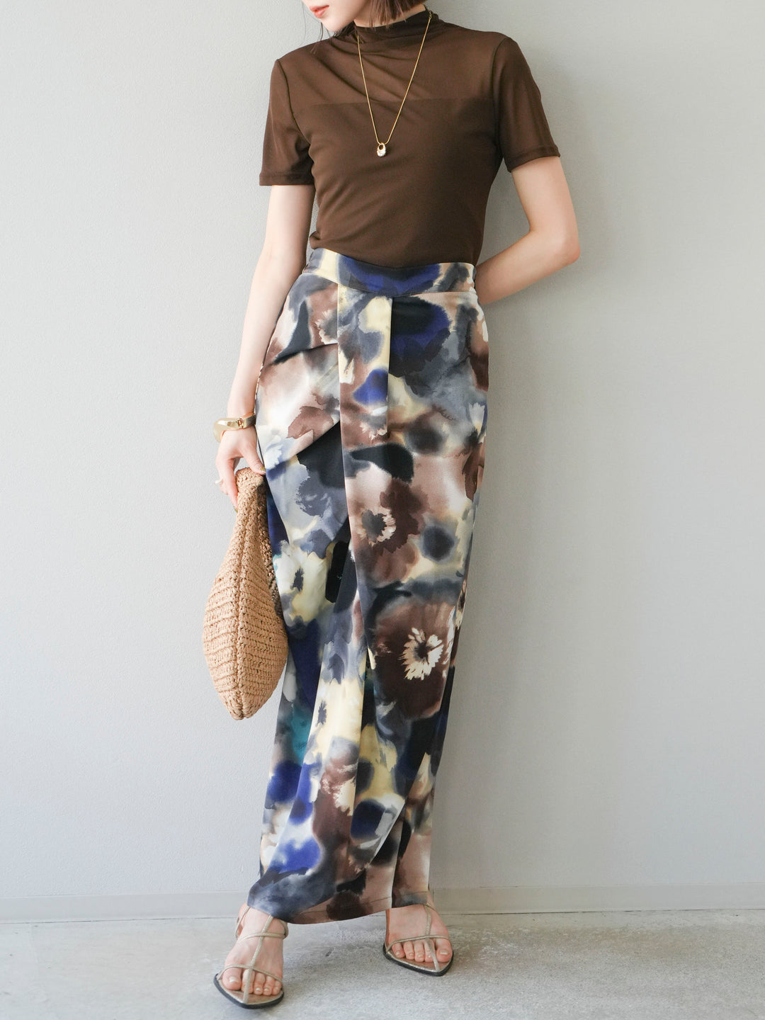 [SET] 透視半袖上衣 + 水彩印花褶襉I字裙 (2set)