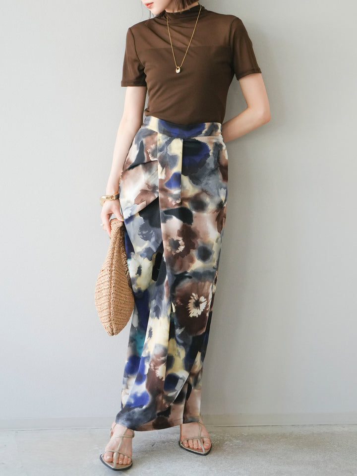 [SET] 透視半袖上衣 + 水彩印花褶襉I字裙 (2set)