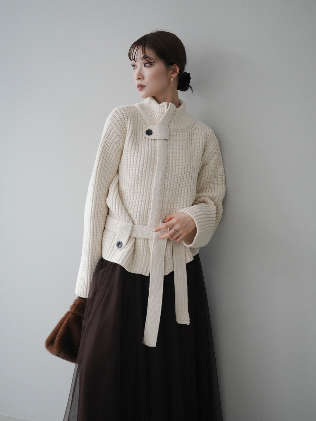 [予約]畦編みボトルネックZIPニットカーディガン/white