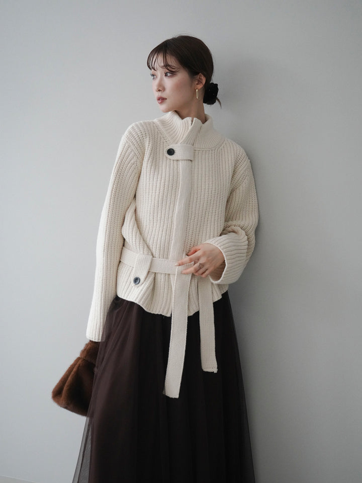 [予約]畦編みボトルネックZIPニットカーディガン/white