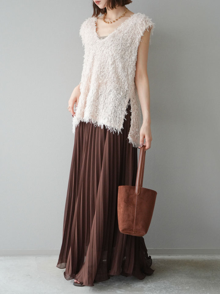 [予約]シフォンプリーツパイピングスカート/ブラウン