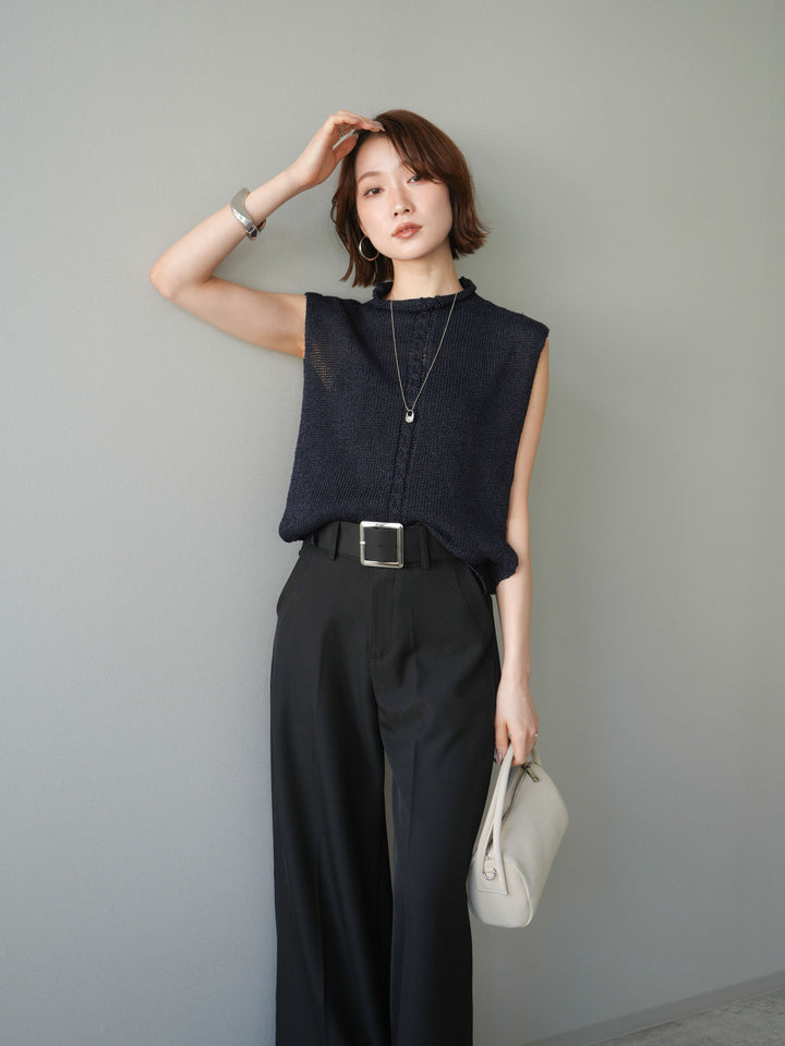 【套裝】開襟針織上衣+銀色搭扣垂褶闊腿褲（兩件套）