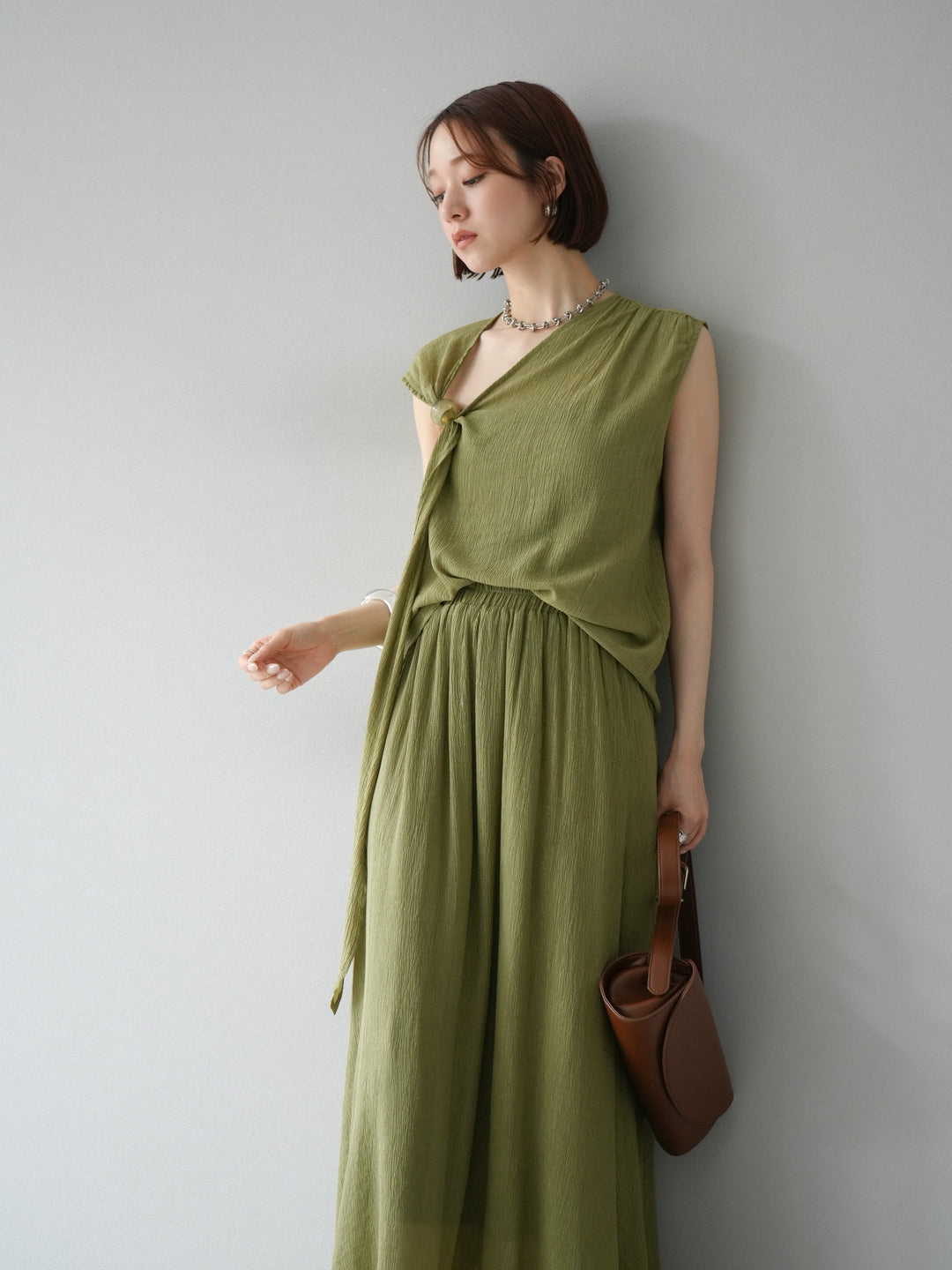 [SET]ビーズモチーフ楊柳ブラウス＆フレアスカートSET UP(2set)