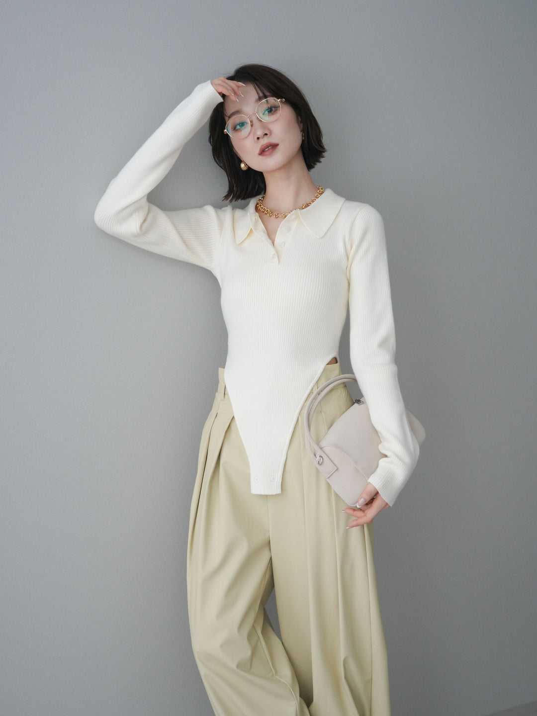 [予約]リブポロニットボディスーツ/ivory