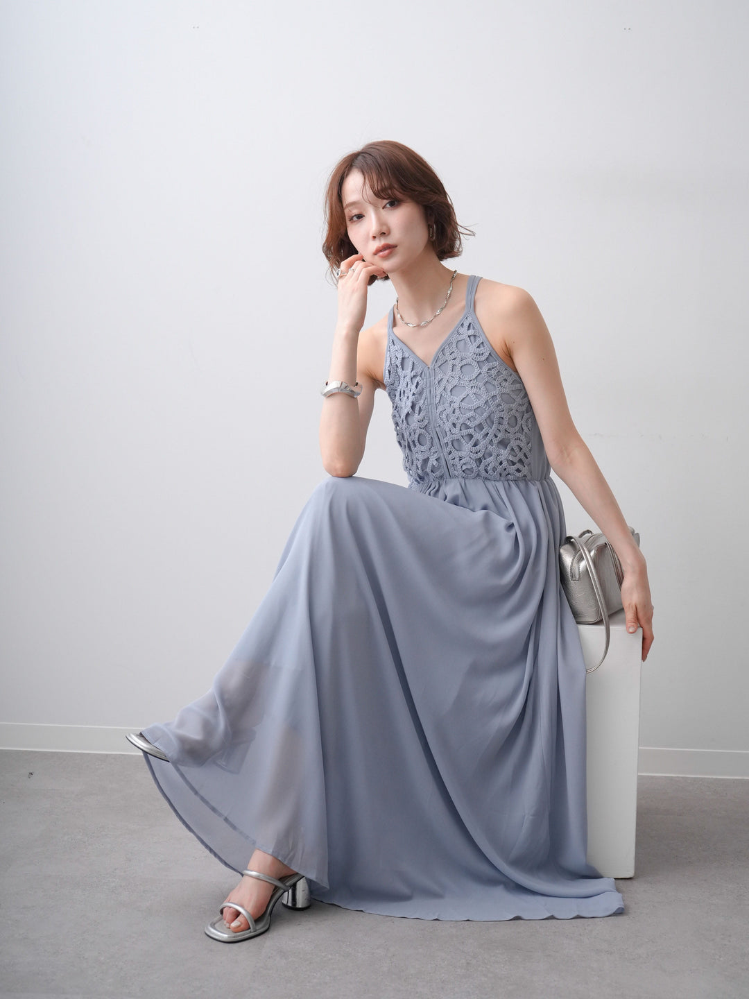 [予約]クロシェシフォンキャミワンピース/lightblue