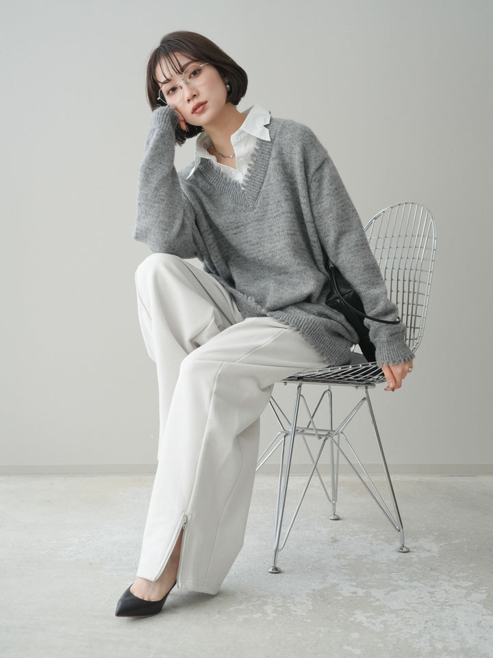 [予約]シャツドッキングVネックフリンジニットプルオーバー/gray