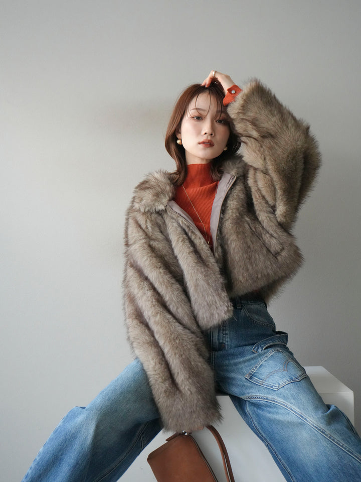 [予約]フェイクファーショートZIPジャケット/brownmix