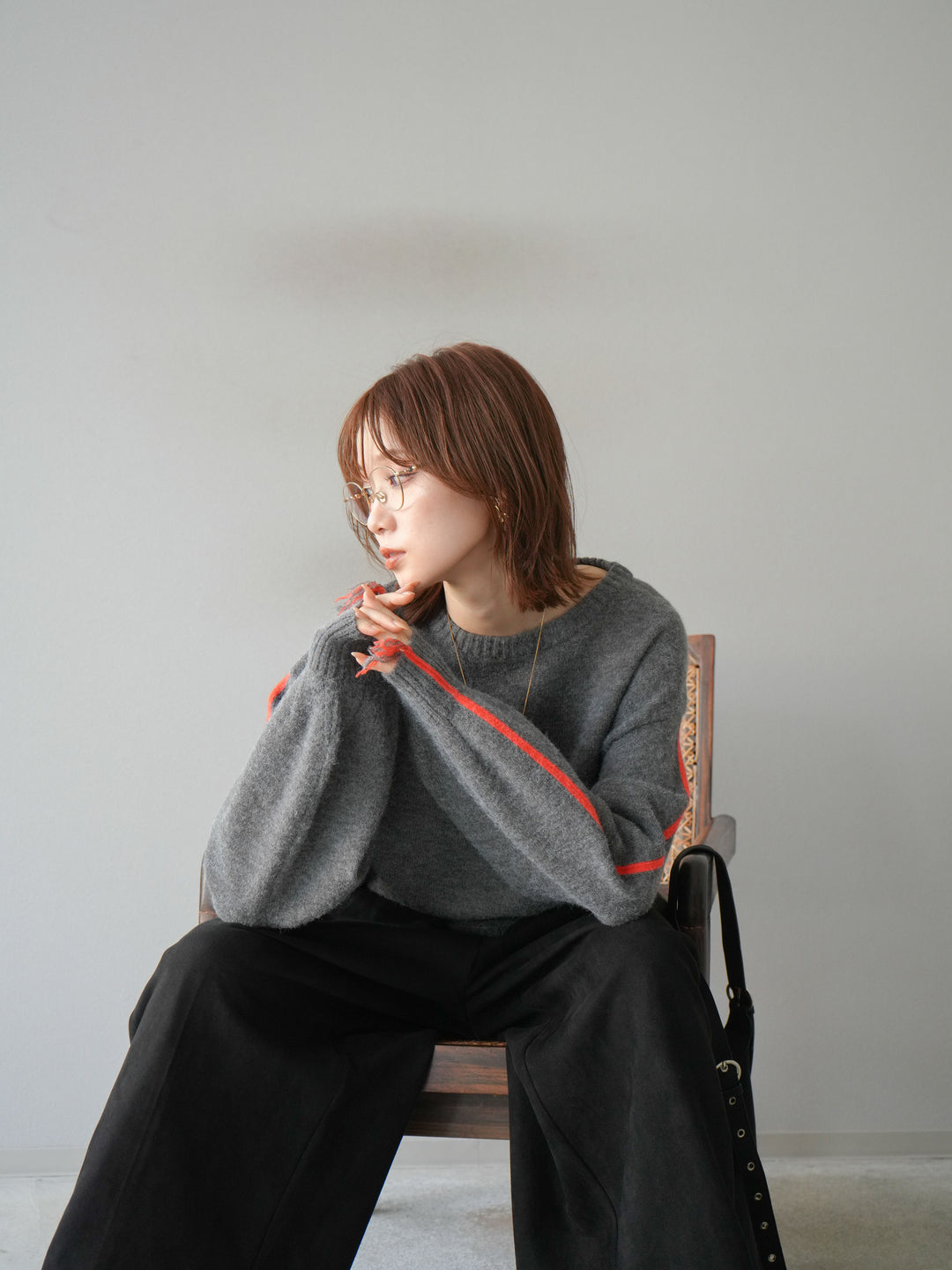 [SET]配色ステッチフリンジニットプルオーバー +スウェードタックワイドパンツ(2set)