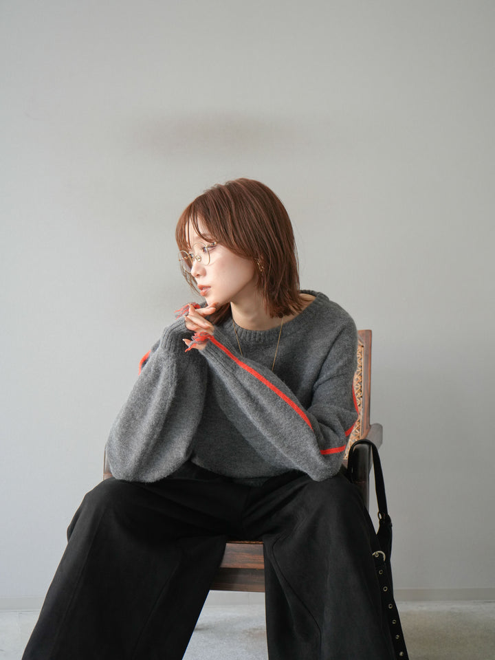 [SET]配色ステッチフリンジニットプルオーバー +スウェードタックワイドパンツ(2set)