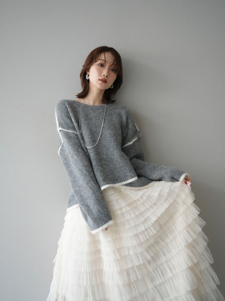 [SET]バイカラーレイヤードデザインニットプルオーバー+チュールティアードスカート(2set)