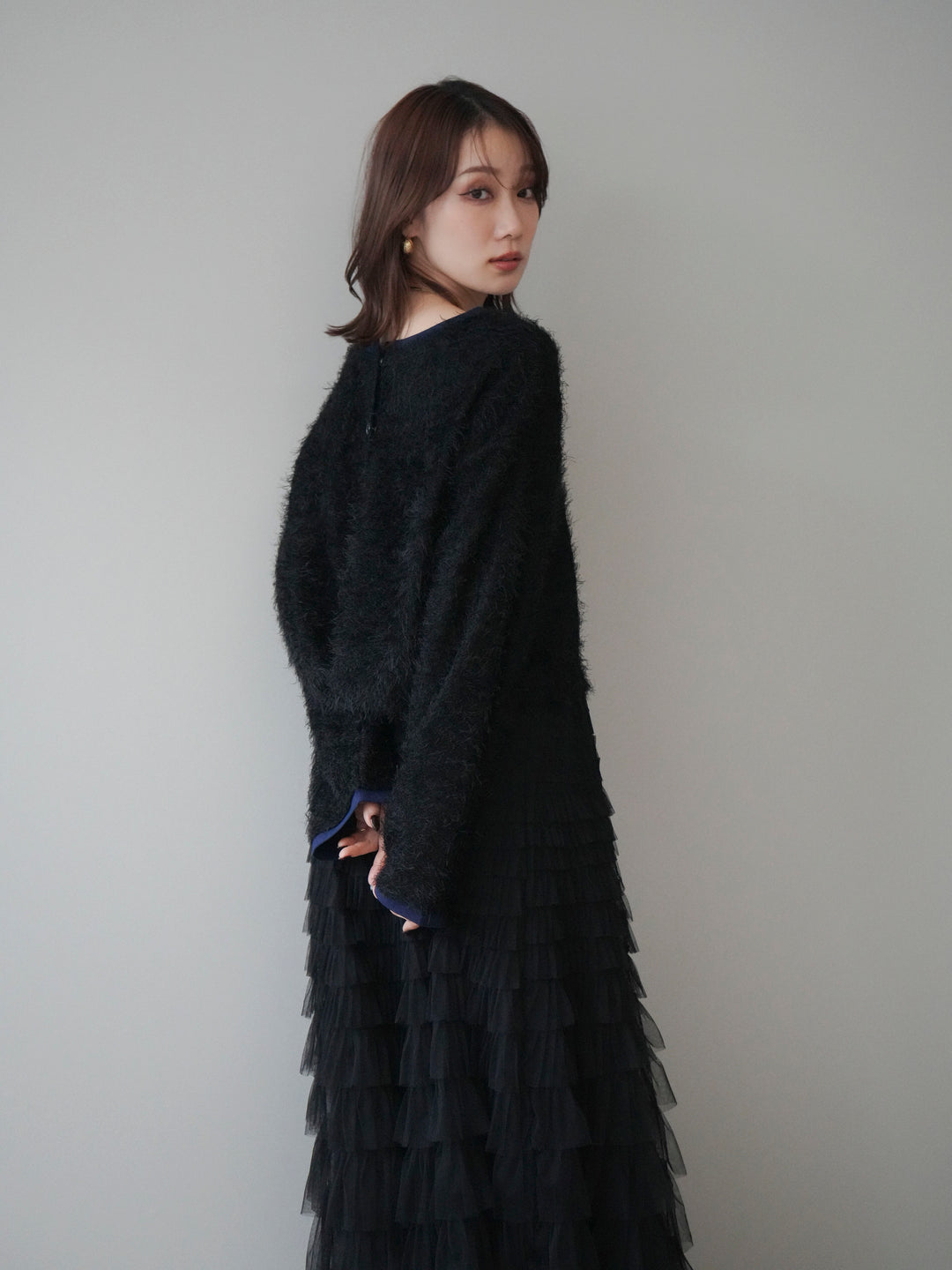 [予約]バイカラー2WAYシャギーニットカーディガン/black