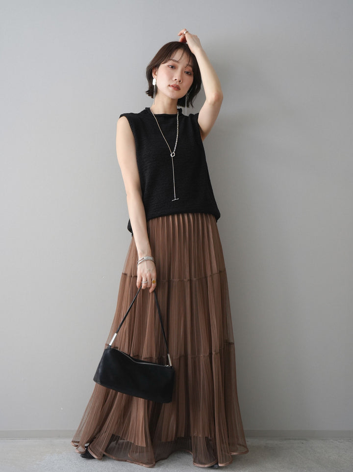 [予約]ラメプリーツレイヤードチュールロングスカート/mocha