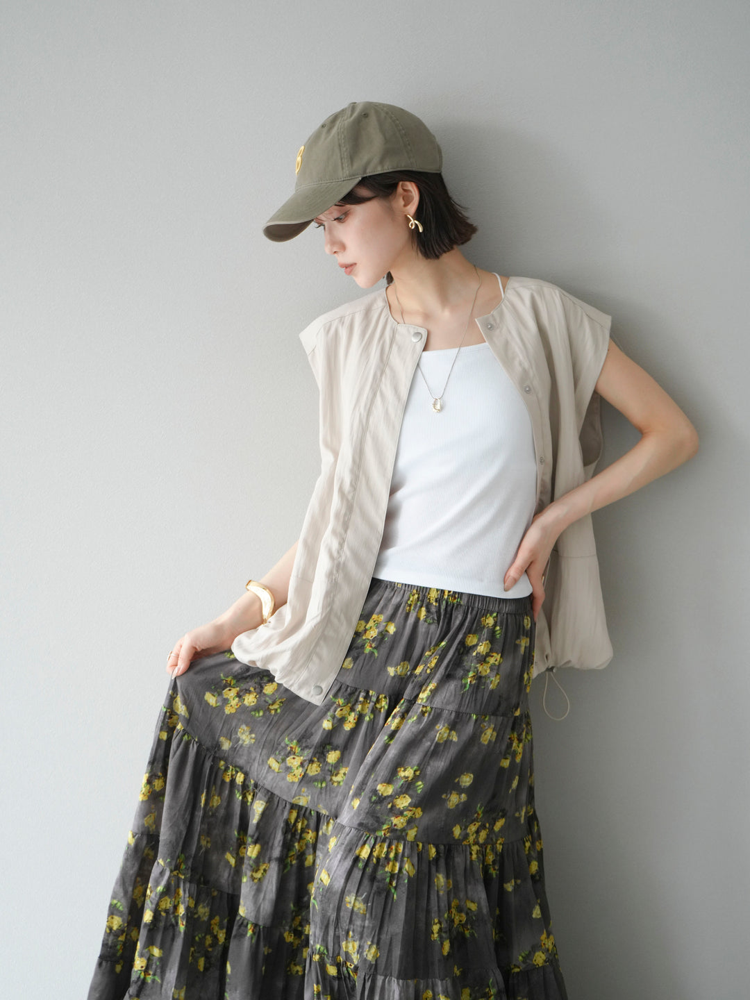 [SET]リネンライクドロストバルーンブルゾン+フラワーワッシャープリーツスカート(2set)