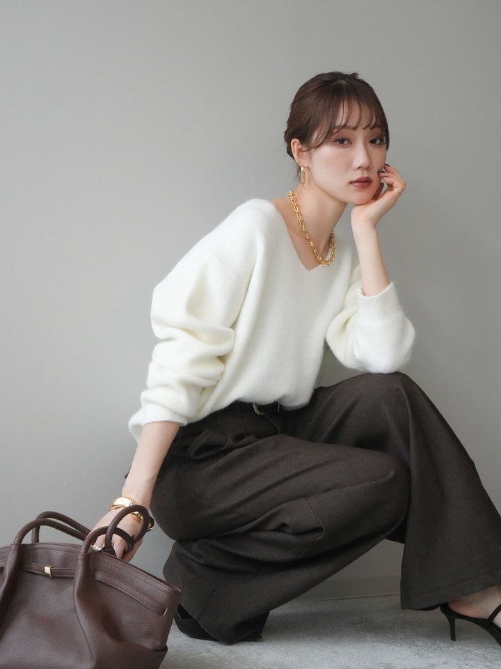 [SET]シュシュ付きアンゴラタッチVネックニットプルオーバー+選べるアクセセット(2set)