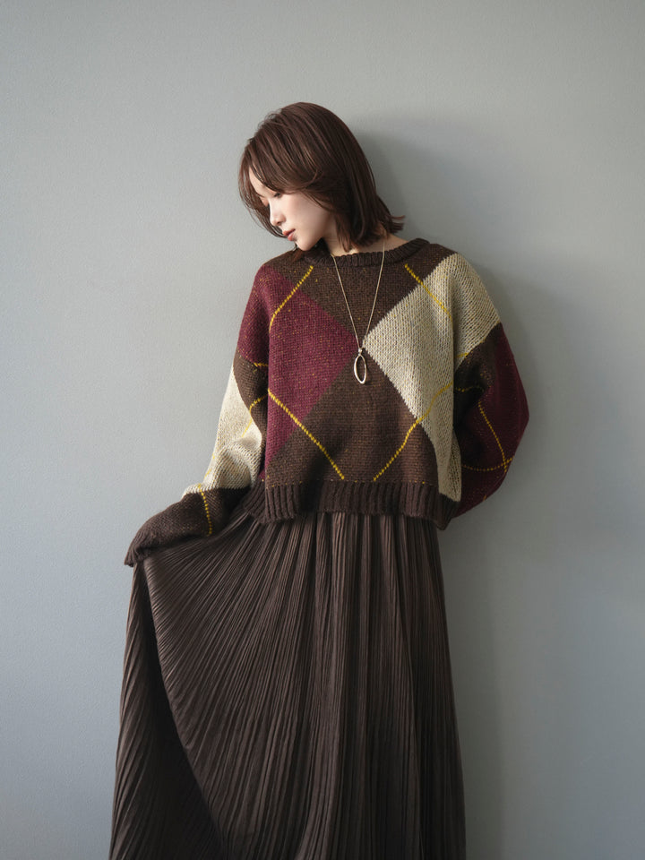 [予約]配色ステッチアーガイル柄ニットプルオーバー/brown