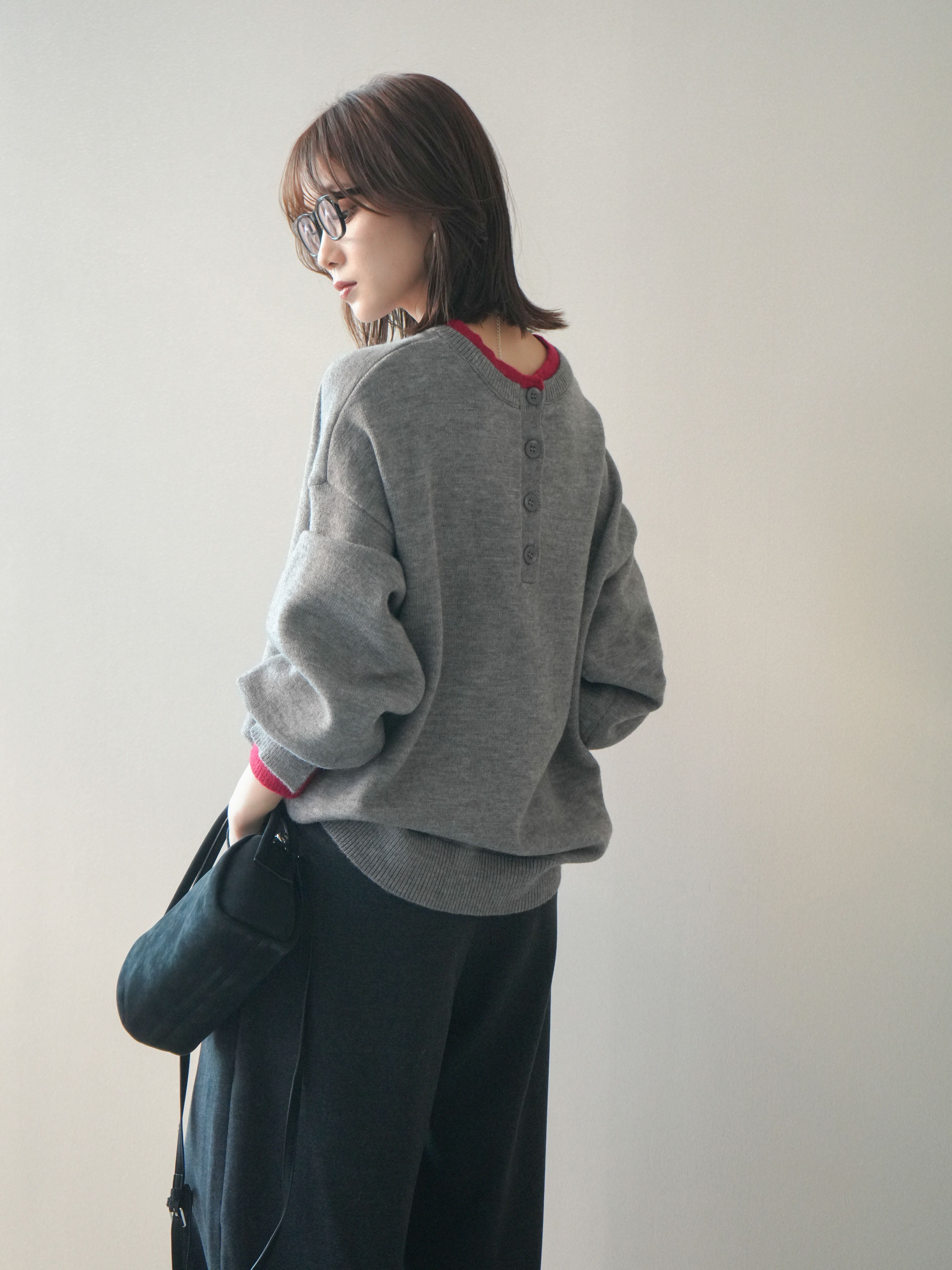 予約]ヘンリーネック配色レイヤードニットプルオーバー/middlegray