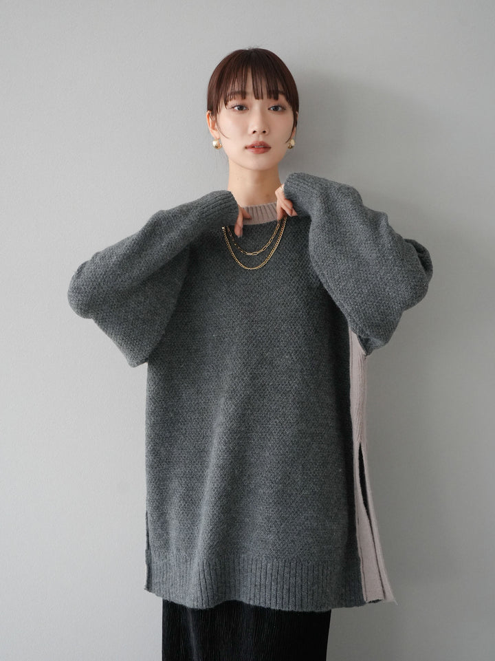 【預訂】側開衩拼色針織套頭衫/炭灰