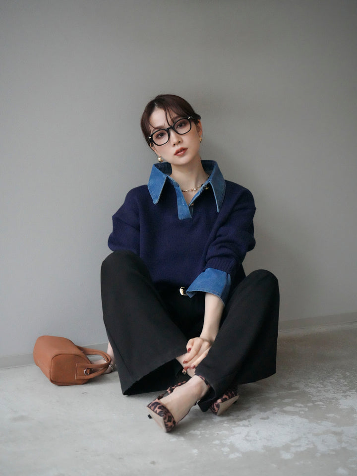 [SET]デニム襟ポロニットプルオーバー+選べるアクセセット(2set)