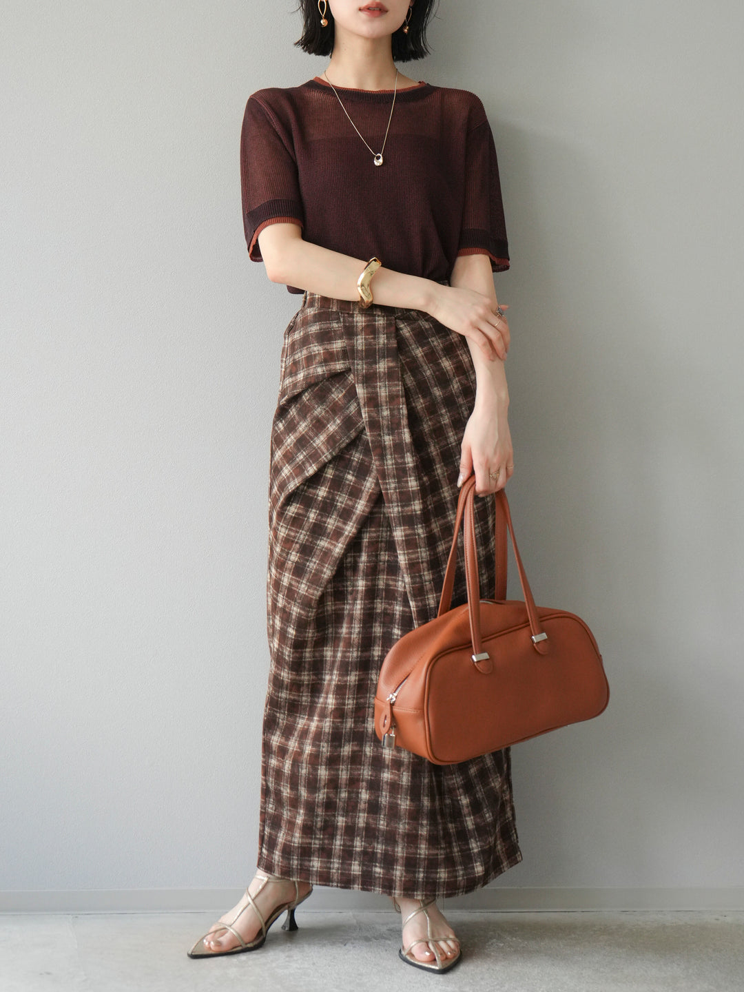 [SET]リネンタッチ配色二重臼ハーフニットトップス+選べるアソート柄スカートセット(2set)