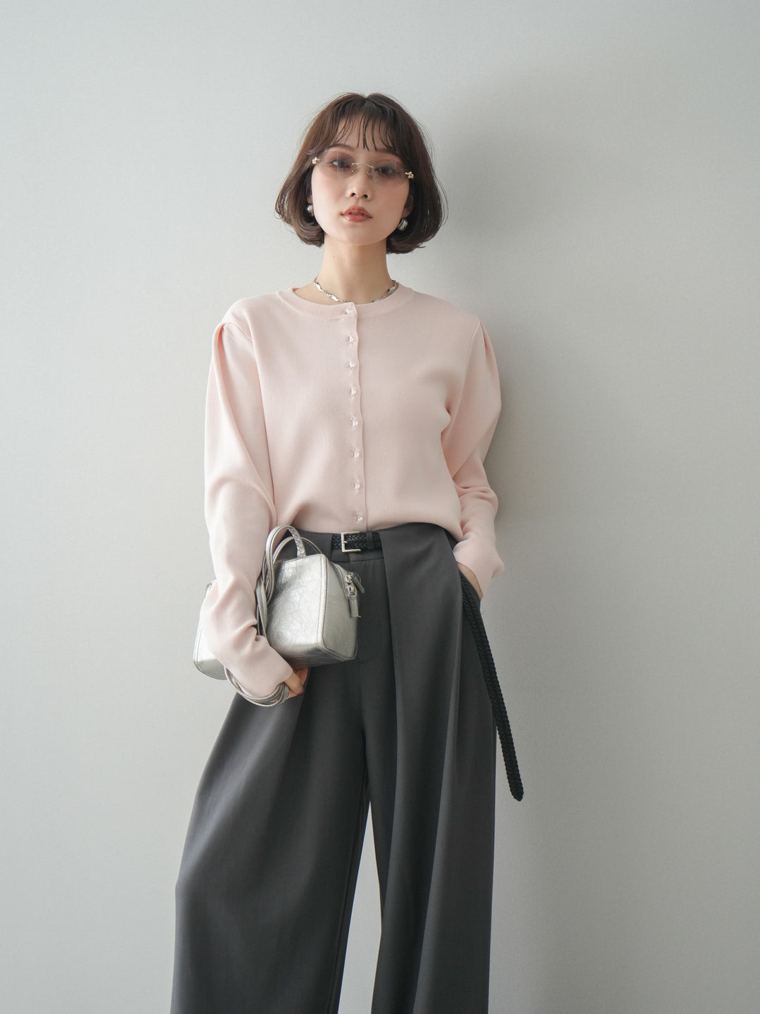 [予約]クリアボタンタックニットカーディガン/pink