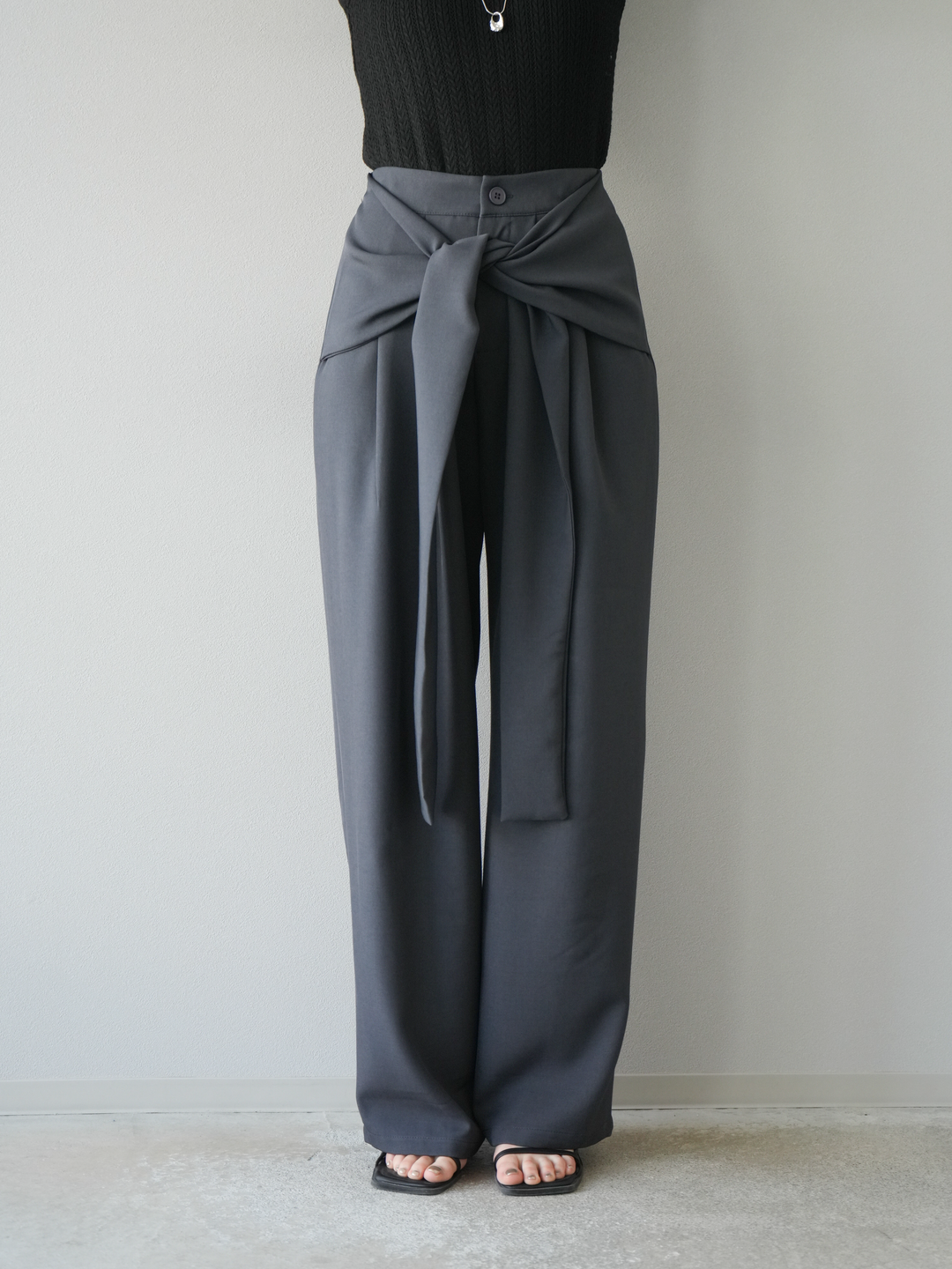 [SET]リネンタッチ配色二重臼ハーフニットトップス+ウエスト巻きデザインワイドパンツ(2set)